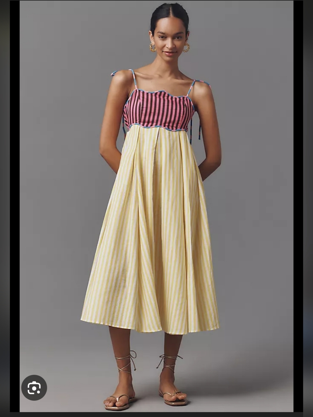 CeliaB Yellow & Pink Linen-Blend Tie-Strap Midi Skirt Dress